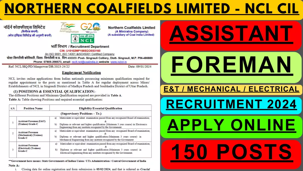 NCL Assistant Foreman Recruitment 2024 150 Posts Vacant Apply Online